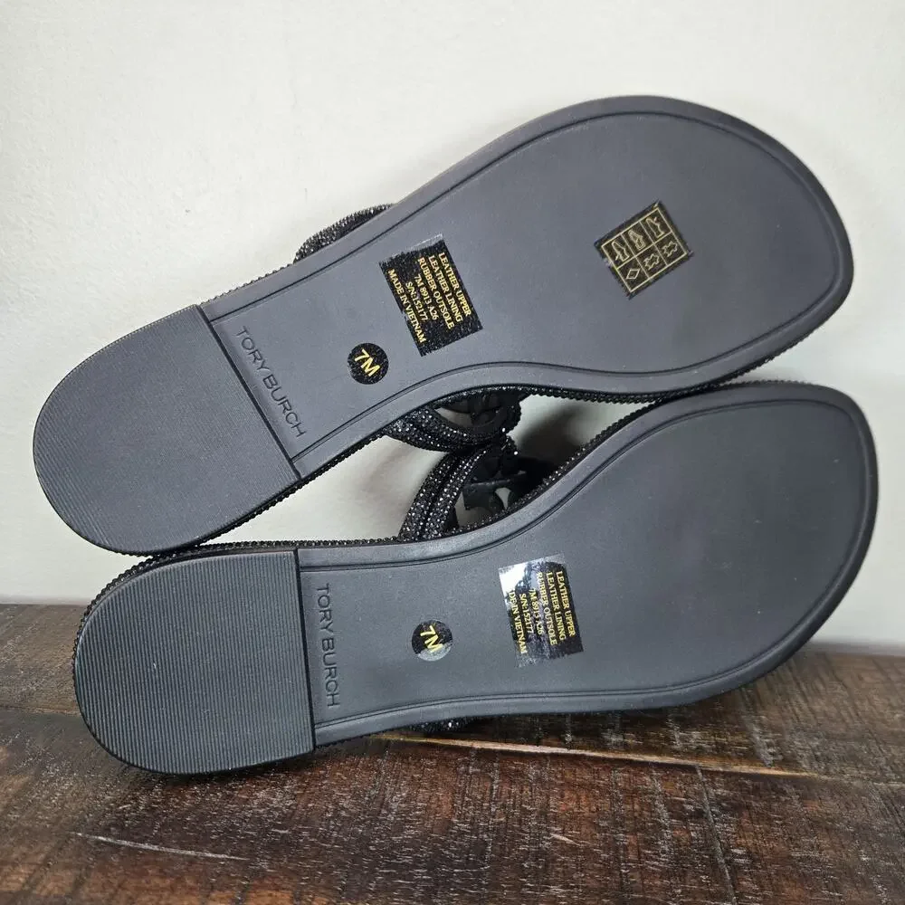 NEW Tory Burch Miller Knotted Pave Womens Size 7 Sandal Flip Flops Black Crystal